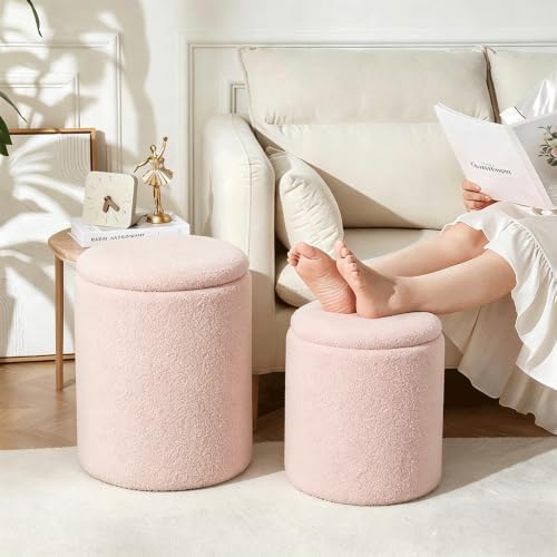 YYW HOME Sherpa Round Ottoman with Storage Set of 2 Pink
