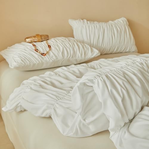 AOJIM White Ruched Duvet Cover King 3Pcs French Chic Bedding for Bedroom