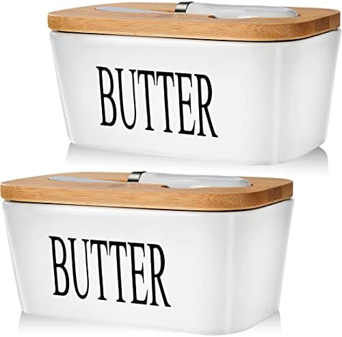 Ceramic Butter Dish with Lid and Knife & Silicone Seal 200ml 2 Pack White