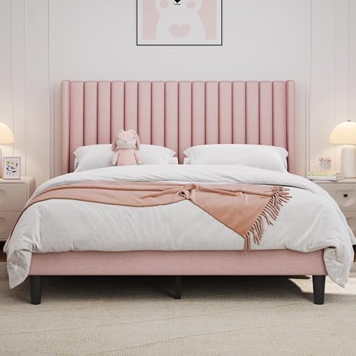 Yaheetech Queen Bed Frame with Headboard,Pink Channel-Tufted Platform