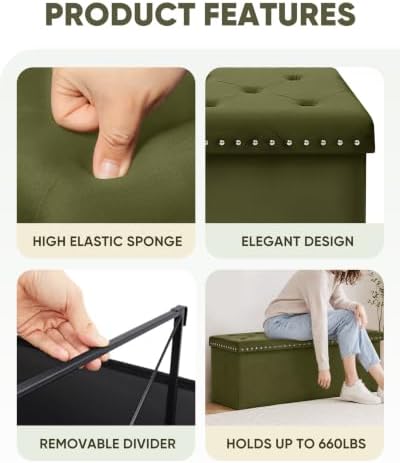 B FSOBEIIALEO Storage Ottoman Bench, 43" Velvet Ottoman With Storage, Olive