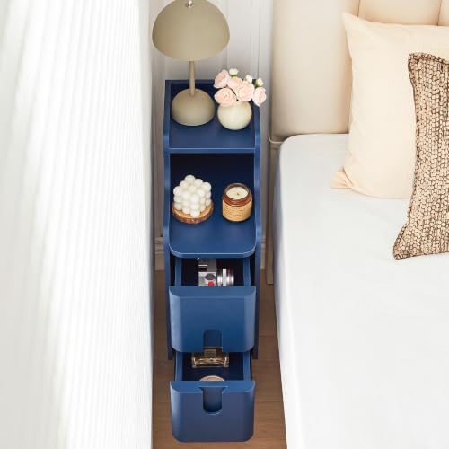 Narrow Nightstand, Wood 2 Drawer Small Nightstand, Slim Side Table, Modern Skinny End Bedside Table, Natural Wood Night Stand with Drawers for Bedroom (Blue-1 pc)