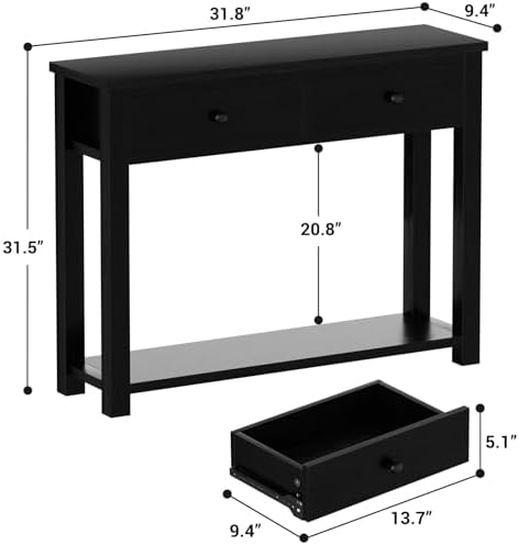Homieasy Farmhouse Console Table with 2 Drawers, 32 Inch Small Sofa Table with Storage Shelf for Living Room, Behind Couch, Entryway Table for Hallway, Living Room, or Foyer, Black