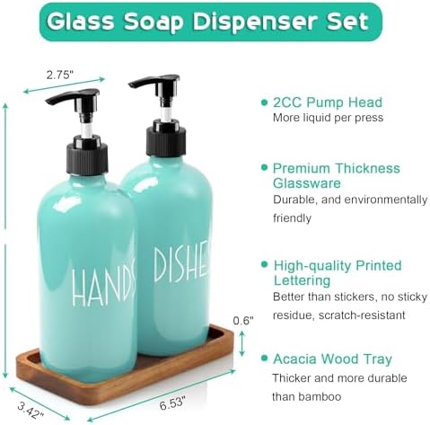ALELION Turquoise Dish Soap Dispenser for Kitchen - 16 OZ Glass Hand Soap Dispenser Set with Pump and Acacia Wood Tray - Turquoise Kitchen Decor & Teal Kitchen Accessories