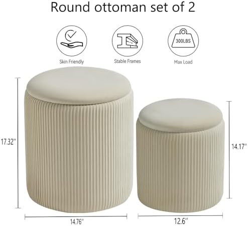 BLEXA Set of 2 Round Storage Ottoman, White Velvet Ottoman with Storage