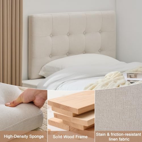Linen Tufted Headboard Twin Size, Solid Wood Twin Headboard Only, Beige