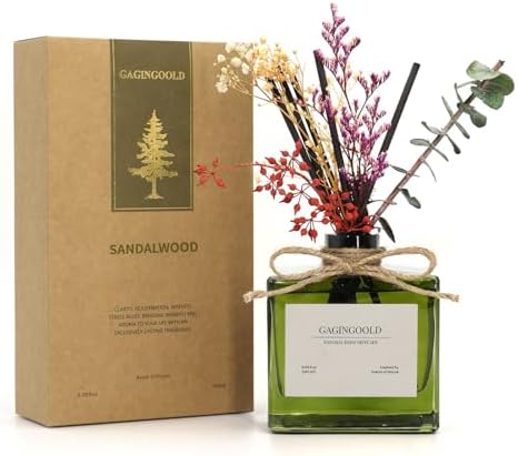 Reed Diffuser, 6.09 oz Earthy Sandalwood Scent Diffuser with Sticks & Dried Flowers, 120 Days Long Lasting diffusers for Home, Elegant Fragrance for Bathroom Bedroom Office Decor Air Fresh