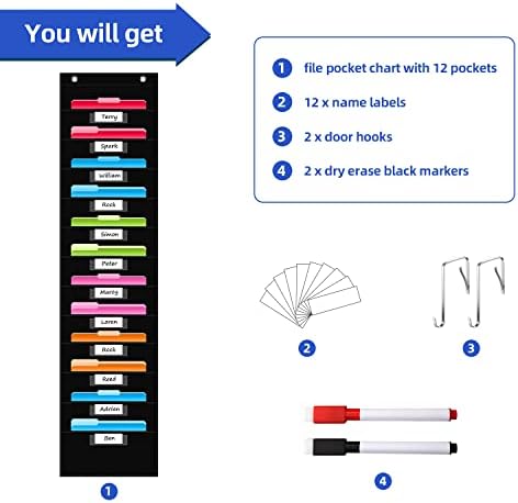 12 Pockets File Storage Pocket Chart with 12 Nametag Pockets,Hanging Wall File Organizer for Classroom and Office, Organize Your Assignments, Files, Scrapbooks, Paper (Black) (Pack of 2)