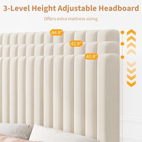 Twin Bed Frame with Adjustable Headboard, Velvet Upholstered Platform Bed