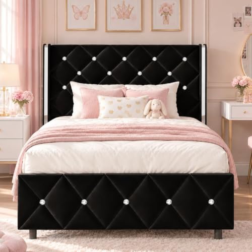 HOMBCK Twin Bed Frame with Velvet Headboard, Silverside Wingback, Black