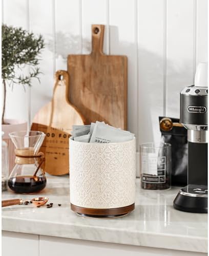 Kitchen Utensil Holder, 360° Rotating Extra Large Ceramic Utensil Holder with Embossed Pattern, 7.3” Cooking Utensil Crocks for Kitchen Countertop, Home Decor, Off-White
