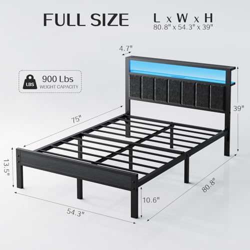 OLEVS Full Bed Frame with LED Lights & Charging Station Modern Platform Bed