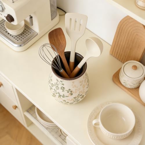 Rustic Ceramic Utensil Holder for Kitchen Counter Farmhouse Cooking Utensil Crock Vintage Kitchen Utensil Organizer Spatula Spoon Holder for Countertop Kitchen Decor (Springtime Green Vine)