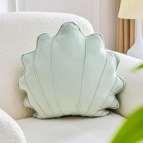 Uvvyui Shell Pillow Seashell Throw Pillow Shell Shaped Decorative Pillows Soft Velvet Sea Shells Pillow Aesthetic Home Decor Sea Ocean Beach Cushion Bed Pillow（Sage Green, 15x13 Inch）
