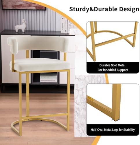 Set of 2 Beige Modern Velvet Bar Stools with Barrel Backrest, Upholstered Seat, and Gold Metal Footrest – 25.6-Inch Seat Height, Ideal for Counters, Home Bars, and Kitchen Islands