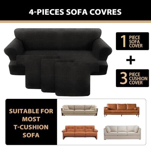 4 Piece T Cushion Sofa Slipcovers Stretch Couch Slip Cover for 3 Cushion Couch Sofa, Machine Washable for Living Room (Black, 3 Cushions)