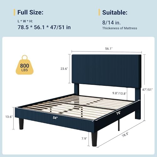 Allewie Full Bed Frame, Corduroy Tufted Headboard, Dark Blue