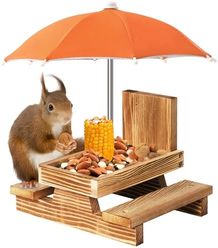 Gnodary Squirrel Feeder with Umbrella, Squirrel Feeders for Outside, Squirrel Picnic Table Feeder - Chipmunk Feeder Hold Corn, Corn Cob, Peanuts Style2 (Orange)