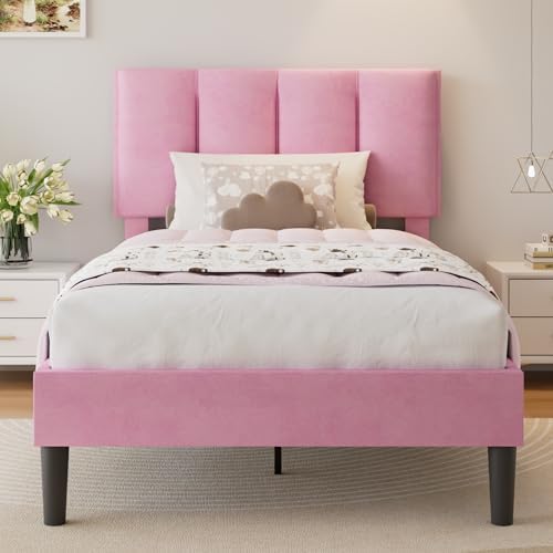 VECELO Twin Size Bed Frame with Upholstered Headboard, Velvet & Pink