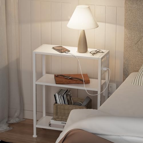 End Table with Charging Station, 3-Tier Side Table for Small Space, Skinny Nightstand with USB/Type C Port and 2 Outlets, Slim Sofa Beside Table for Living Room, Bedroom and Balcony, White
