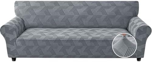 JIVINER 1 Piece Couch Cover for 3 Cushion Couch, Stretch Extra Large Sofa Covers with Elastic Bottom, Washable Oversized Sofa Slipcovers Feature Geometrical Jacquard Fabric (XL Sofa, Light Grey)