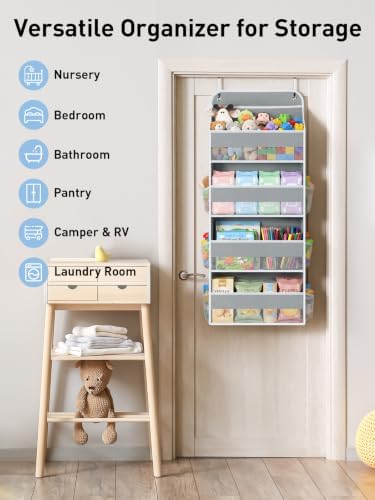 Yecaye Over the Door Organizer, Stuffed Animal Storage, Bathroom Organizers and Storage for Nursery Newborn Baby Essentials Stuff Dorm Room, Widen by 7cm, Deepen by 3cm, Grey 4 Tier Extra-Large