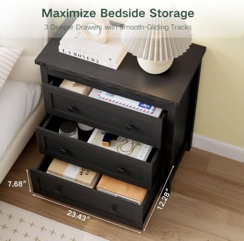 Farmhouse Nightstands Set of 2, Bedside Table with Drawers, Black