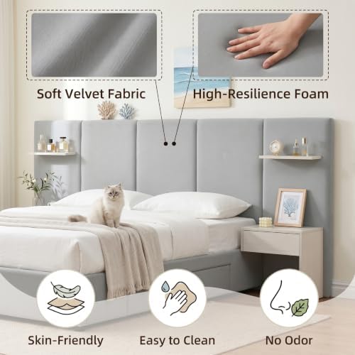 Queen Size Bed Frame with Storage & Built-in Nightstands & Drawers, Gray