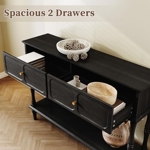 ARTPOWER 47" Mid-Century Console Table, 2 Drawers and Open Shelf, Black