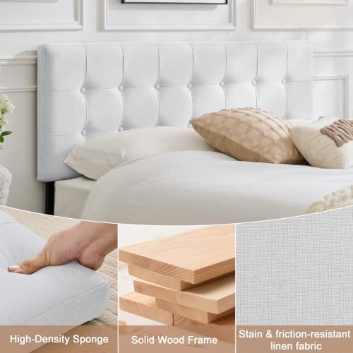 Linen Tufted Headboard Queen Size, Solid Wood Queen Headboard Only, White