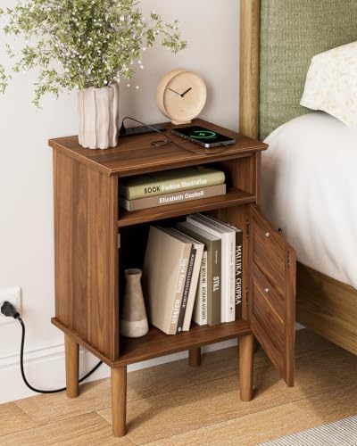 Nightstand with Charging Station, Boho Night Stand with 1 Drawer, Modern Side Accent Table with Open Shelf, Wooden Top Bedside End Table for Bedroom, Living Room, Walnut