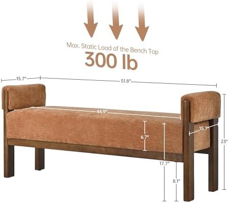 VKNOW 51.8”End of Bed Bench Upholstered Bedroom Bench with Arms, Orange