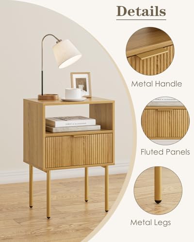 Aienvey Nightstand with One Drawer, Oak Stripe Night Stand and Gold Frame