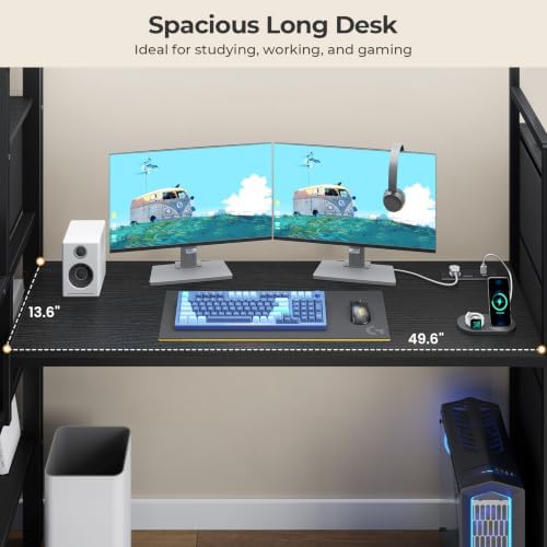 Full Size Loft Bed with Desk, Storage Stairs, LED Lights, Black