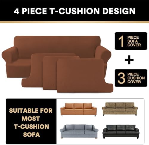 PrinceDeco T Cushion Sofa Slipcover 4 Pieces Sofa Covers for T Cushion Couch Soft Couch Cover (70"-88") Sofa Slip Cover Furniture Covers with 3 Individual T Shape Seat Covers Washable, Caramel