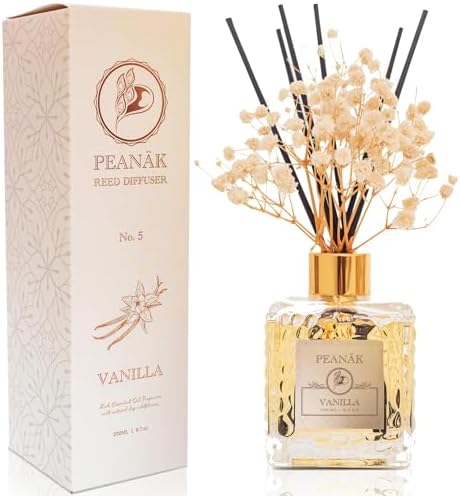 PEANÄK Reed Diffuser Set - Coconut Vanilla 6.7 fl oz | Scented Oil Diffuser with 8 Sticks for Bathroom Shelf Decor & Home Fragrance