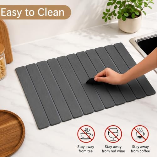 Extra Large Stone Dish Drying Mat for Kitchen Counter, Thin & Light Quick Dry Stone Dishes Mat, Foldable Water Absorbing Diatomite Drying Pad for Kitchen Bathroom Sink Countertop (Pure Gray 32"x16")