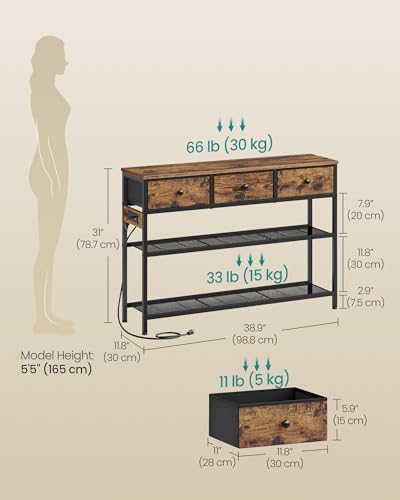 SONGMICS Console Table with Power Outlets and LED Lights, 3 Fabric Drawers