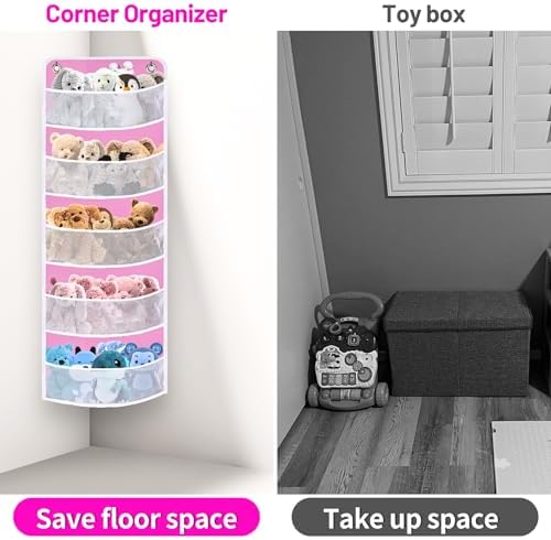 Soft Corner Shelf 5 Tiers | Safe Hanging Organizer | Child-Friendly Wall Mount Storage | for Sundries, Toys, Stuffed Animals, Diapers | for Pantry Closet Bedroom Nursery Organization Pink