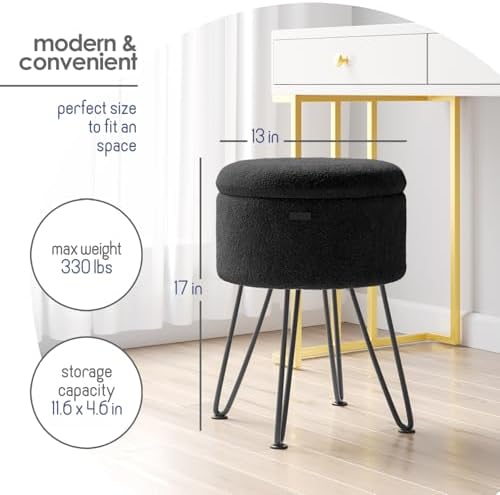 Round Ottoman with Storage, Boucle Storage Ottoman, Foot Stool Ottomans, Makeup Vanity Stool, Small Ottomans Foot Rest, Modern Vanity Stools for Living Room and Bedroom, Black
