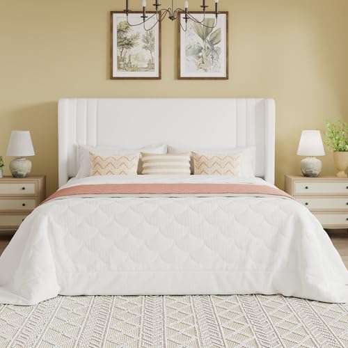 SHA CERLIN Queen Velvet Upholstered Bed Frame, Wingback Headboard, White