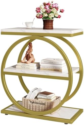 IBUYKE Narrow End Table with 3 Storage Shelves,White Gold UTMJ418G