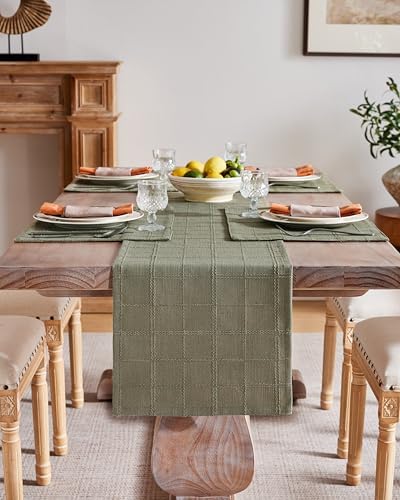 ZeeMart Linen Checked Farmhouse Table Runner, 13x90 Inches Olive