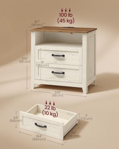 VASAGLE 23.6 inch Farmhouse Nightstands Set 2, Charging Station, 2 Drawers