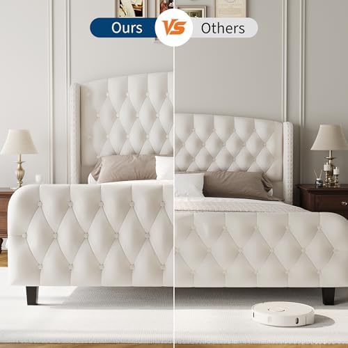 GarveeHome 51" Tall Queen Size Bed Frame with Wingback Headboard, Cream