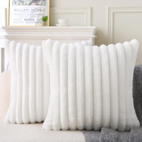 Decorative Throw Pillow with Inserts, Set of 2 Soft Faux Fur Throw Pillows, Square Boho Striped Pillow for Couch, Bed, Sofa Decor