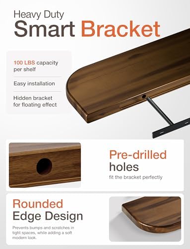 BATODA Set of 2 24” Wood Floating Shelves for Wall, Round Edge,Walnut Color