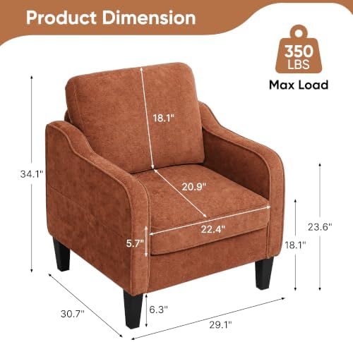 Accent Chair for Living Room, Mid Century Modern Reading Chair for Bedroom, Upholstered Armchair with Side Pockets, Comfy Single Sofa Side Chair for Office, Apartment, Small Room, Orange