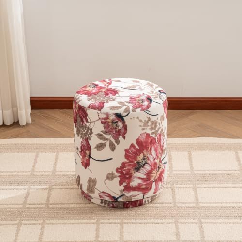15.7" Swivel Vanity Stool, Floral Velvet Round Ottoman, Red