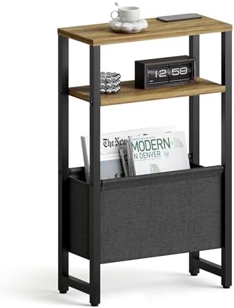 Narrow Side Table, Slim End Table with Magazine Rack, Skinny Bedside Table for Small Spaces, 3 Tier Sofa Couch Table Nightstand for Living Room, Bedroom, Walnut Brown LET503BR